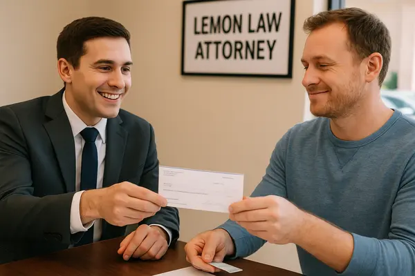 a lemon law lawyer handing a check to his customer after winning his case from San Jose Lemon Law Attorney in San Jose, CA - How to know if I qualify for lemon law a lemon law lawyer handing a check to his customer after winning his case from San Jose Lemon Law Attorney in San Jose, CA - How to know if I qualify for lemon law