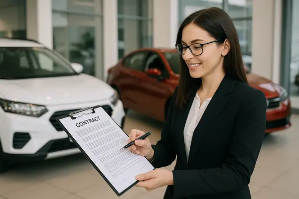 a female representative holding a contract at a car dealership from San Jose Lemon Law Attorney in San Jose, CA Lawyer near me a female representative holding a contract at a car dealership from San Jose Lemon Law Attorney in San Jose, CA Lawyer near me