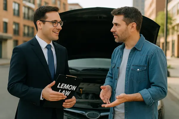 a lawyer talking to a client on the street while holding a clipboard that says lemon law from San Jose Lemon Law Attorney in San Jose, CA - Lemon Las For Cadillac Vehicles a lawyer talking to a client on the street while holding a clipboard that says lemon law from San Jose Lemon Law Attorney in San Jose, CA - Lemon Las For Cadillac Vehicles