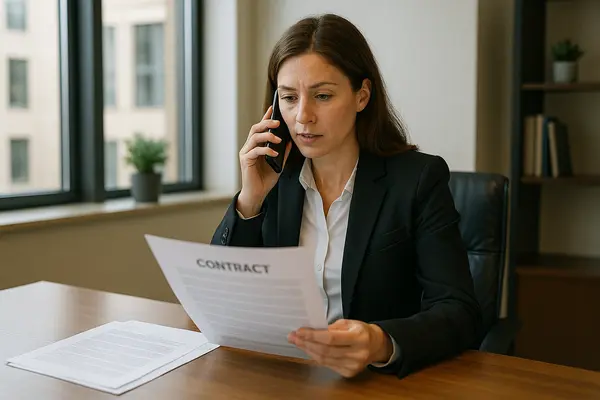 a female lawyer talking on her phone while holding a legal document from San Jose Lemon Law Attorney in San Jose, CA - Lemon Law for Nissan Vehicles a female lawyer talking on her phone while holding a legal document from San Jose Lemon Law Attorney in San Jose, CA - Lemon Law for Nissan Vehicles