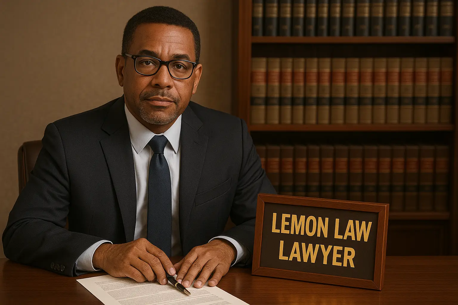 a lawyer sitting at his desk with a sign next to him that says lemon law from San Jose Lemon Law Attorney in Los Angeles, CA - Los Angeles CA a lawyer sitting at his desk with a sign next to him that says lemon law from San Jose Lemon Law Attorney in Los Angeles, CA - Los Angeles CA