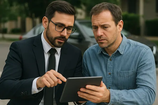 a lawyer with an iPad explaining something to his client from San Jose Lemon Law Attorney in Los Angeles, CA - Los Angeles CA a lawyer with an iPad explaining something to his client from San Jose Lemon Law Attorney in Los Angeles, CA - Los Angeles CA