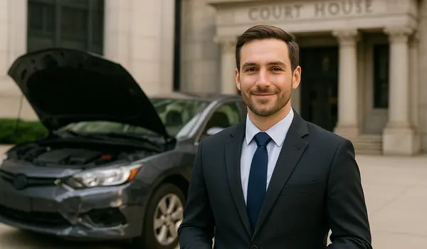 a male lawyer smiling at the camera with a lemon car in the background from San Jose Lemon Law Attorney in San Diego, CA - San Diego CA a male lawyer smiling at the camera with a lemon car in the background from San Jose Lemon Law Attorney in San Diego, CA - San Diego CA