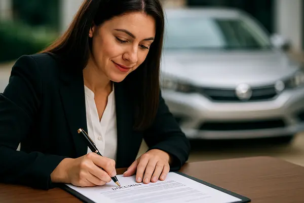 a female representative pointing to a car sales contract with a pen from San Jose Lemon Law Attorney in San Diego, CA - San Diego CA a female representative pointing to a car sales contract with a pen from San Jose Lemon Law Attorney in San Diego, CA - San Diego CA
