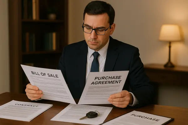 a lemon law lawyer in his office reading a bill of sale and purchase agreement from San Jose Lemon Law Attorney in San Diego, CA - San Diego CA a lemon law lawyer in his office reading a bill of sale and purchase agreement from San Jose Lemon Law Attorney in San Diego, CA - San Diego CA